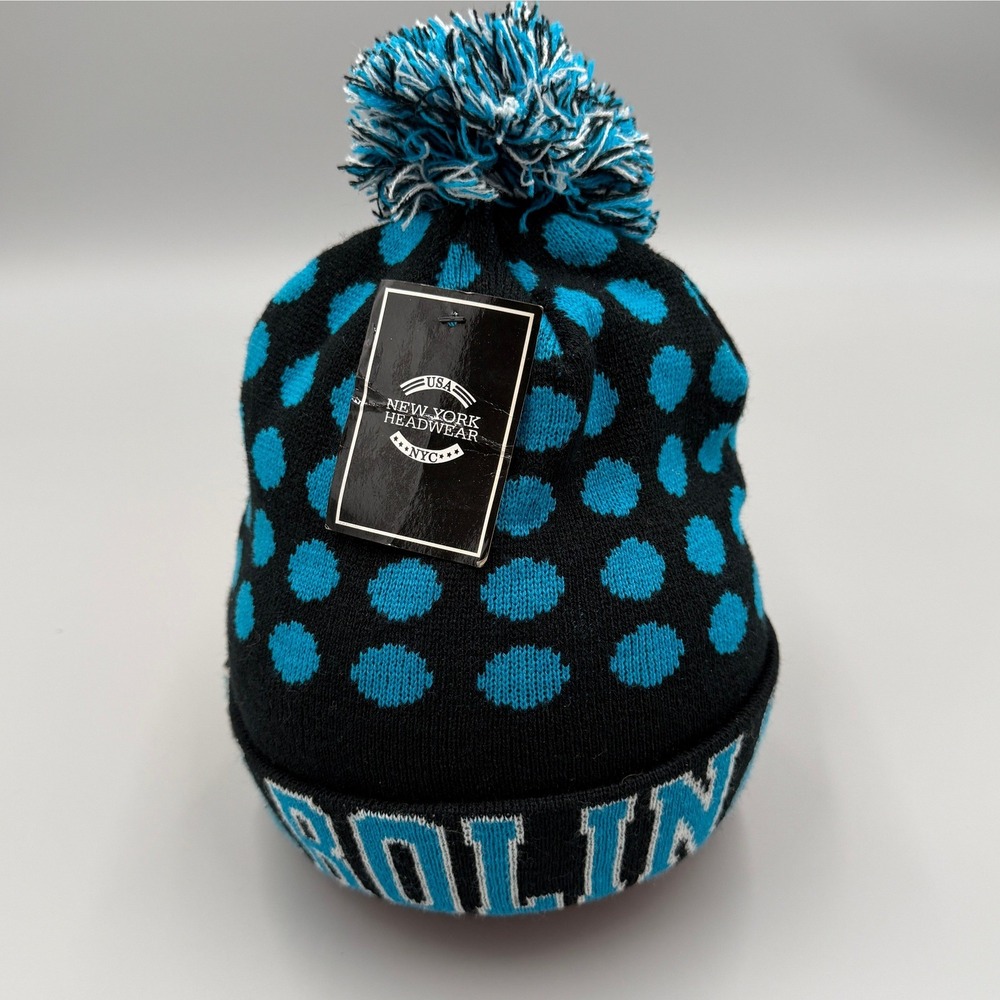 NWT New York Headwear Black Blue Polka Dot Carolina Pom Knit Cuffed Cap